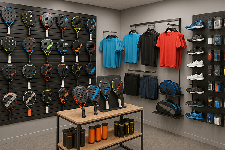 Interior moderno de tienda de pádel con exposición profesional